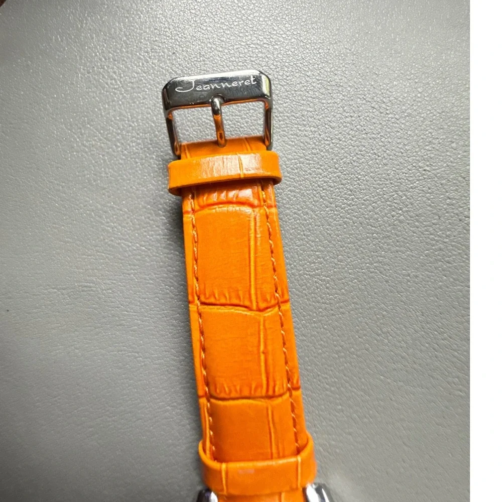 Jeanneret Women Orange Skeleton Automatic Watch Stainless Steel Leather J-64283